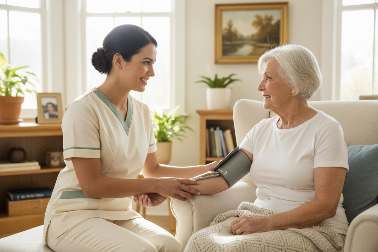 Infirmière prenant la tension d'un patient à domicile