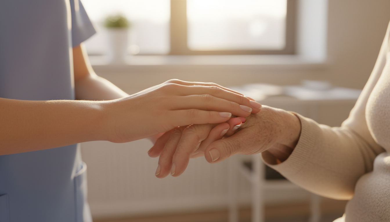 Main attentionnée d'une infirmière sur celle d'un patient